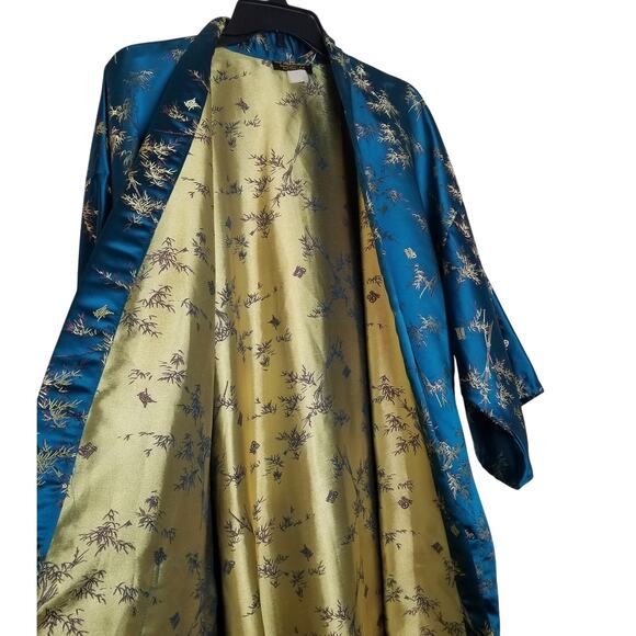 Old Shanghai VTG Asian Blue Gold Kimono Robe 3/4 Sleeves Pockets One Size - Picture 4 of 8